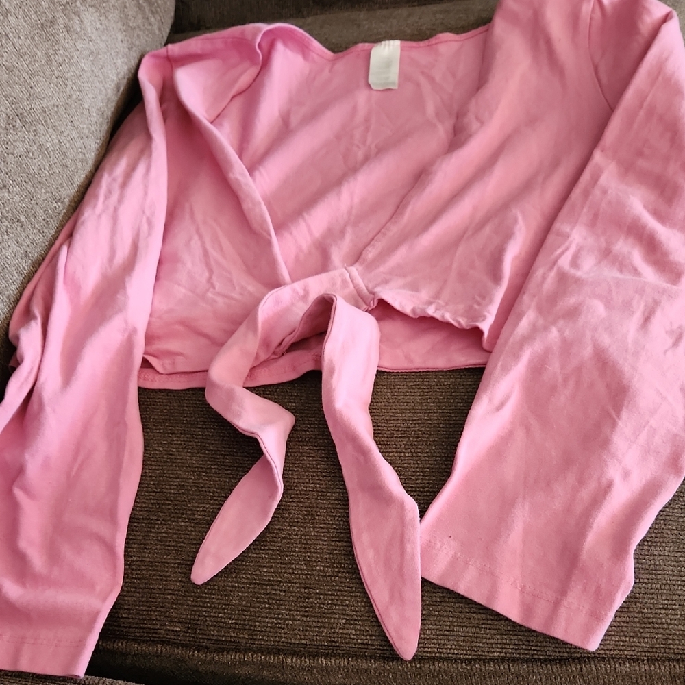 Pink Tie-Front Long Sleeve Shrug